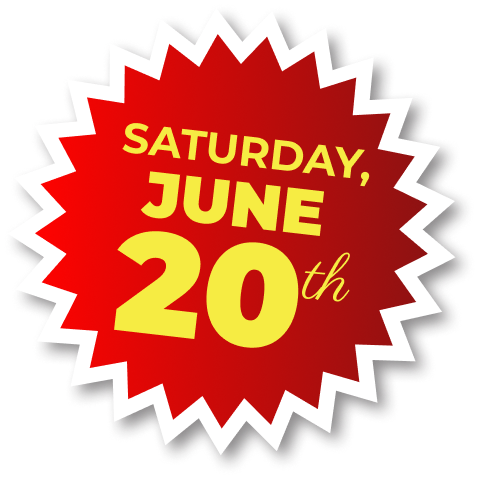 A bright red jagged starburst sticker with white borders containing the yellow text